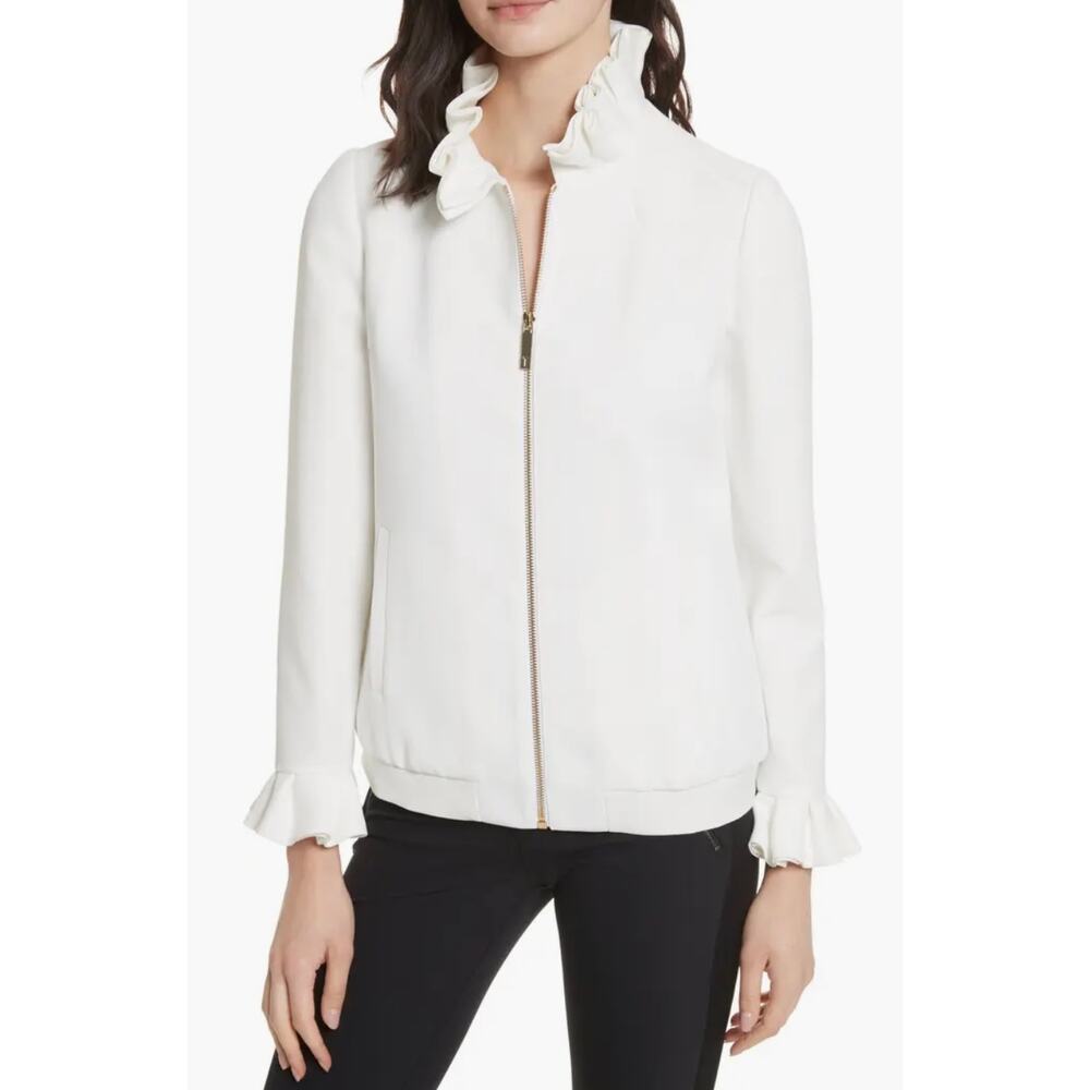 Ted Baker London Lydiah Crepe Ruffle Bomber Jacket Ivory size 2